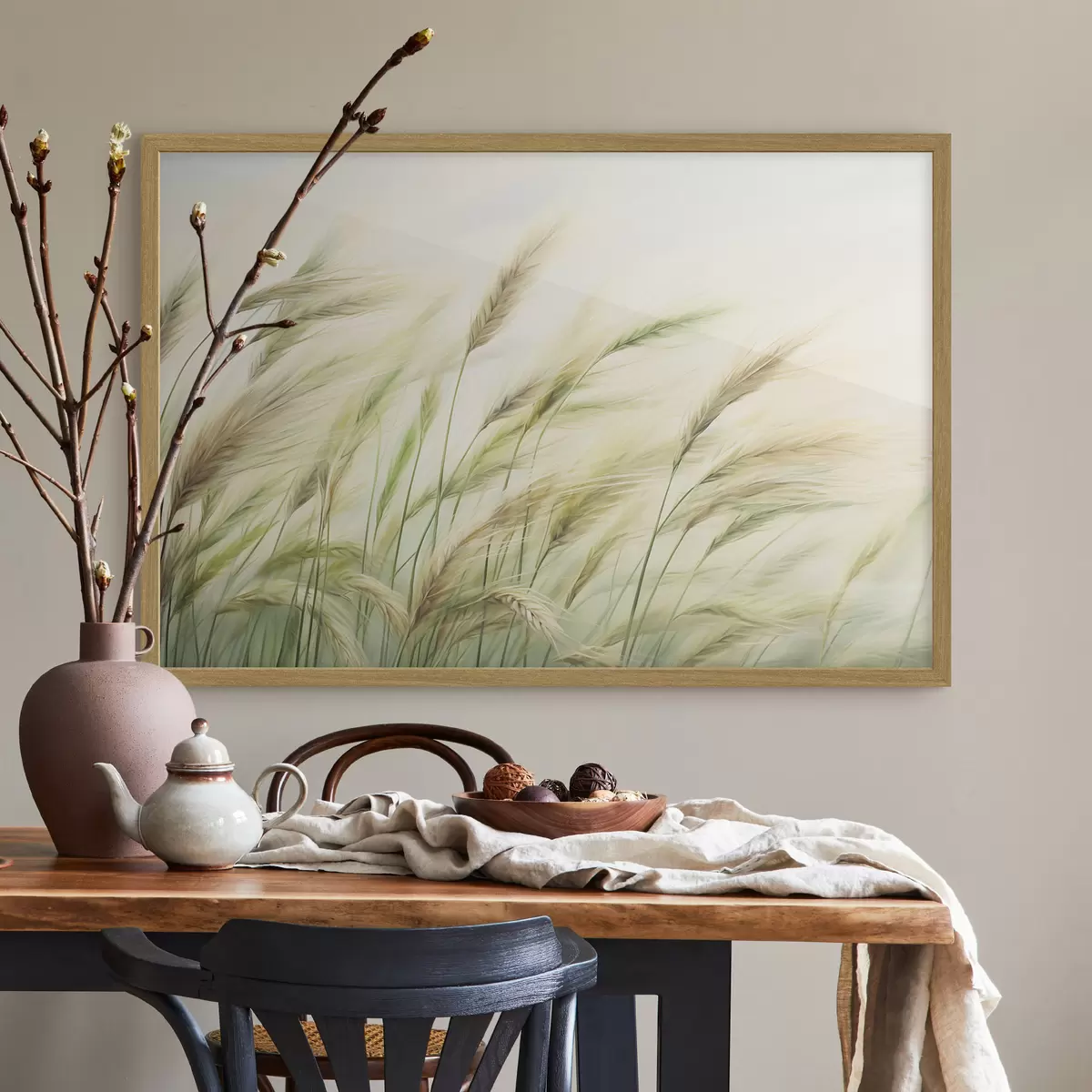 Poster Weizenfeld mit gelben und grünen Ähren, weiche Pinselstriche und eine helle Farbpalette, natürliche Atmosphäre f44923