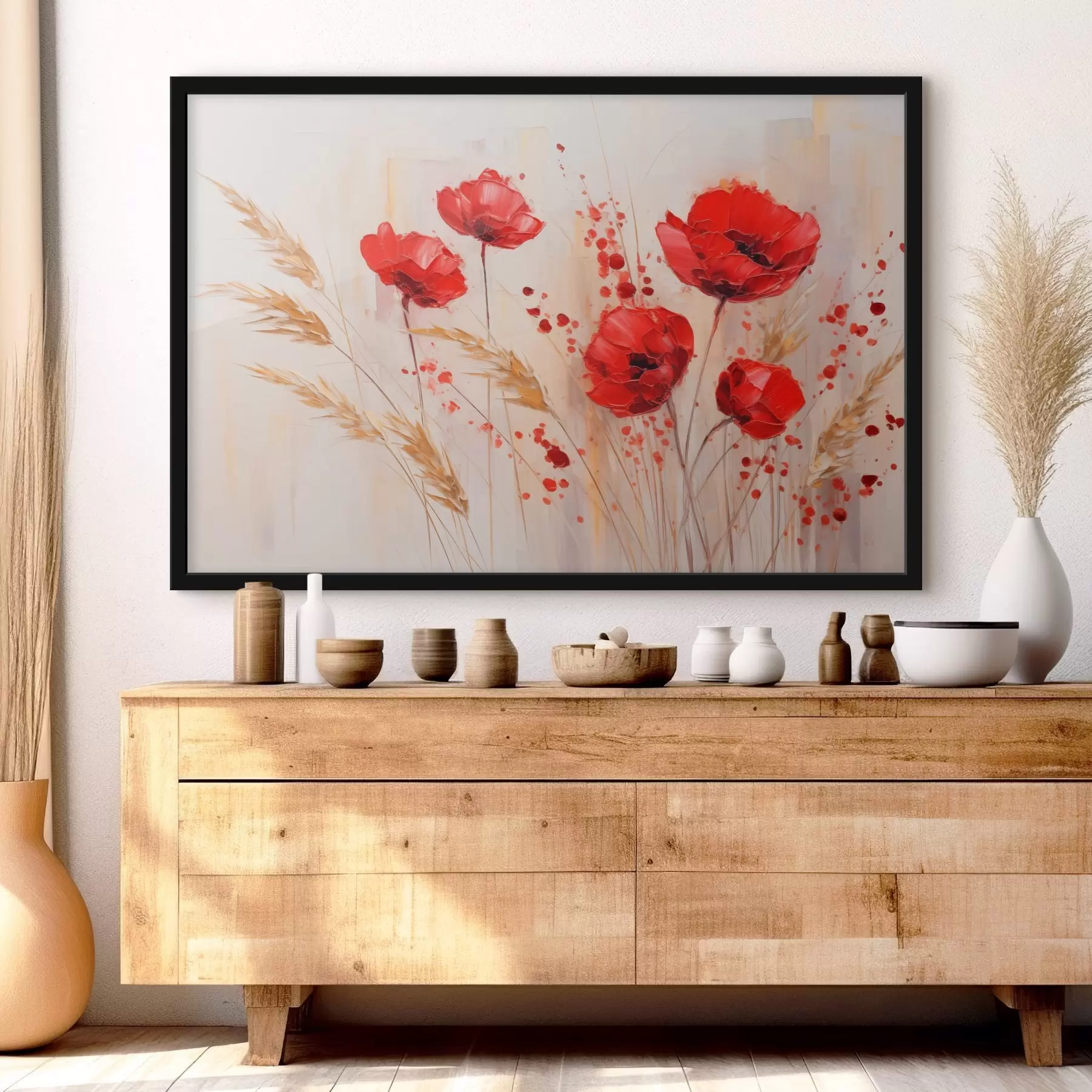 Fototapete Rote Mohnblumen mit gelben Weizenhalmen, vor einem weichen, neutralen Hintergrund mit roten Farbspritzern f44926