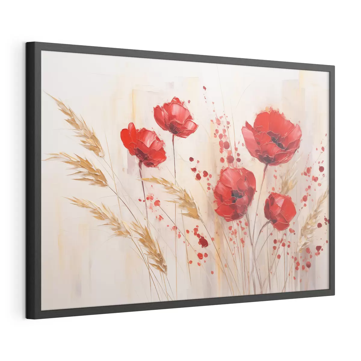 Poster Rote Mohnblumen mit gelben Weizenhalmen, vor einem weichen, neutralen Hintergrund mit roten Farbspritzern f44926