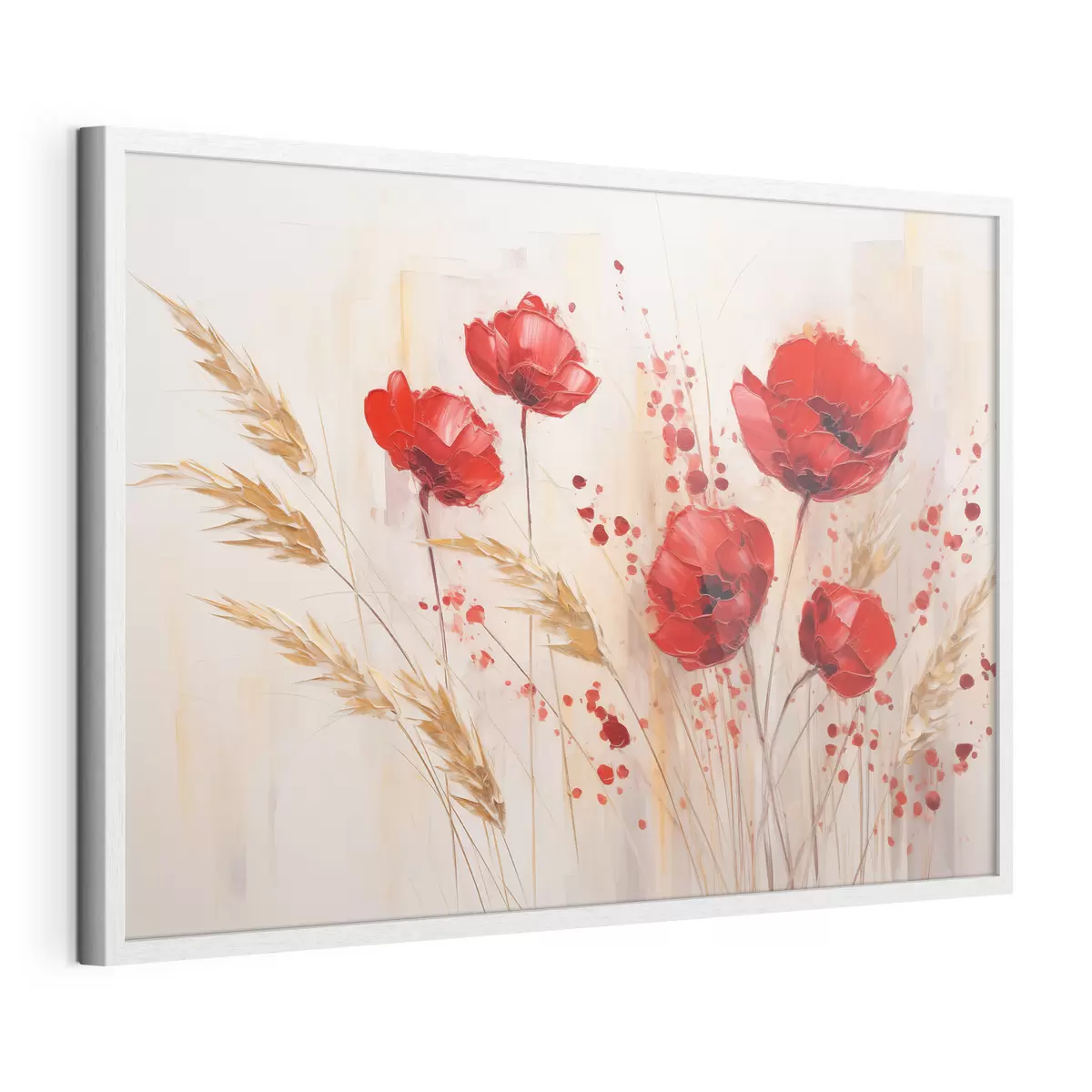 Poster Rote Mohnblumen mit gelben Weizenhalmen, vor einem weichen, neutralen Hintergrund mit roten Farbspritzern f44926