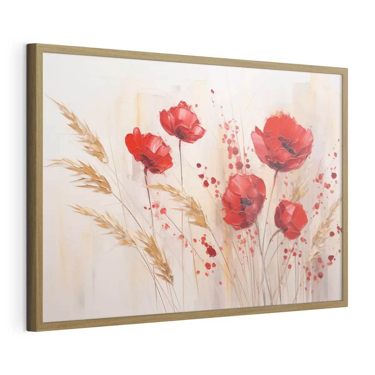 Poster Rote Mohnblumen mit gelben Weizenhalmen, vor einem weichen, neutralen Hintergrund mit roten Farbspritzern f44926