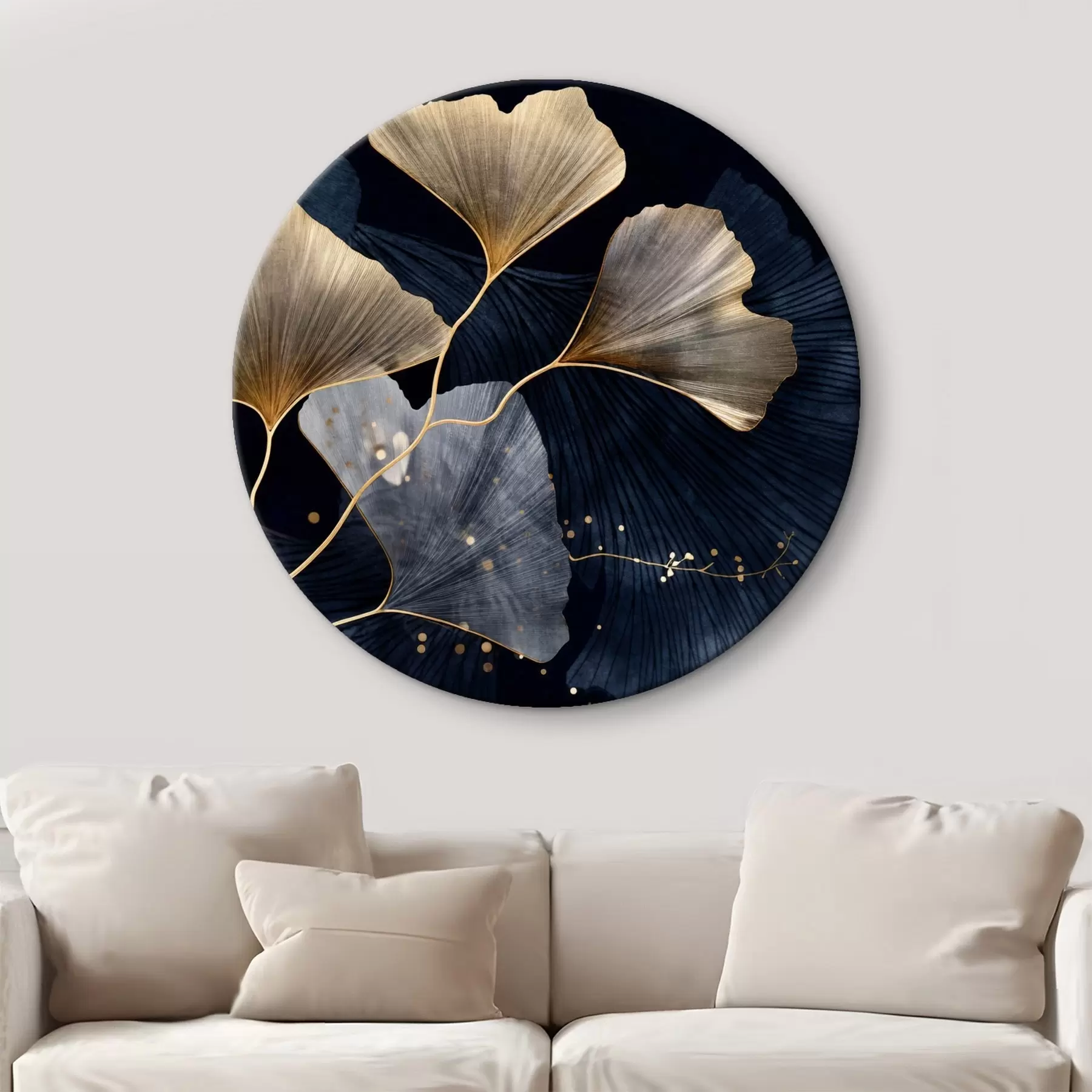 Fototapete Ginkgoblätter in Gelb- und Blautönen, eleganter dunkler Hintergrund, moderne Kunst, minimalistischer Stil, naturinspiriert r44921