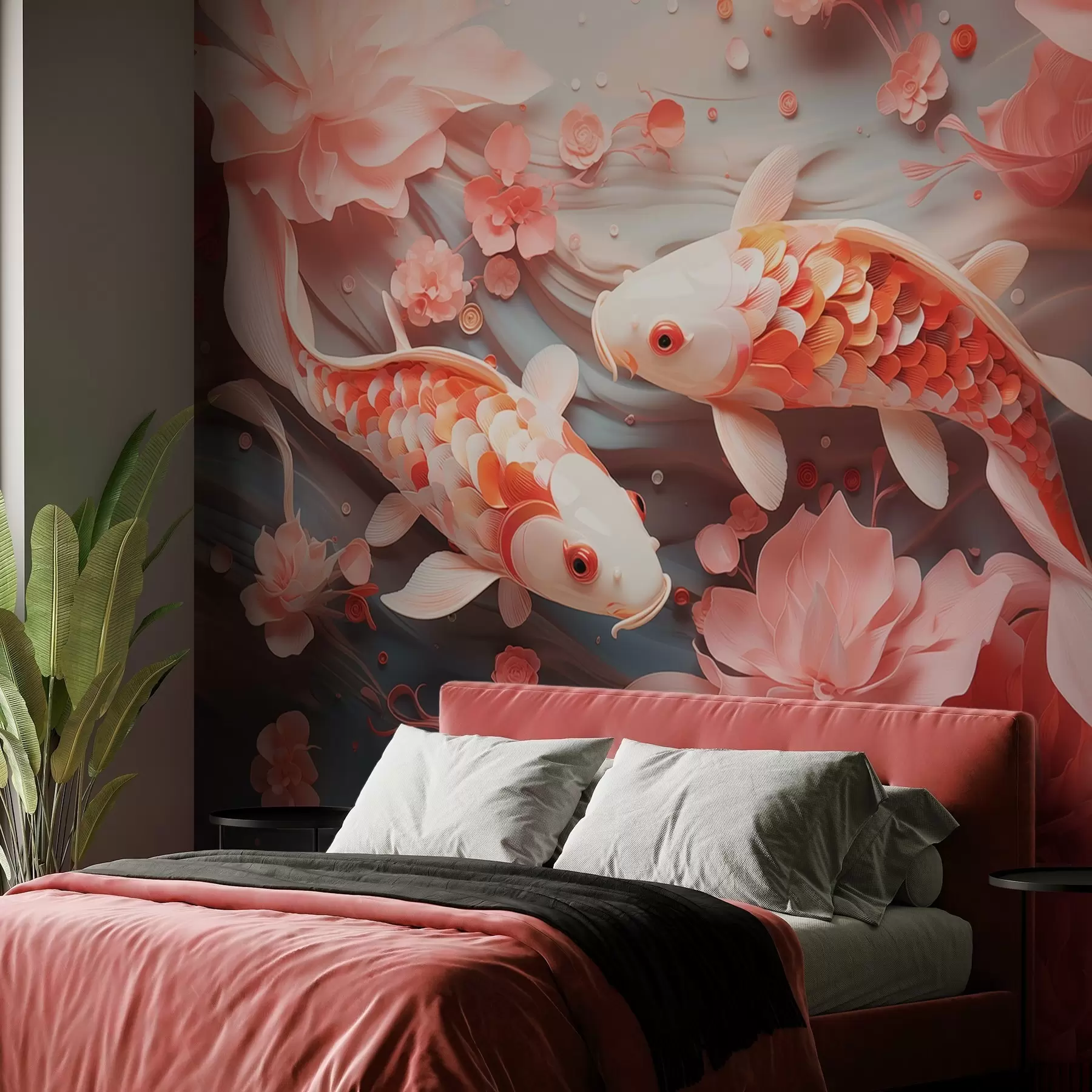 Fototapete Zarte Fische mit dimensionalen Schuppen schwimmen durch einen Fluss von Blütenblättern und zarten Rosatönen w09237