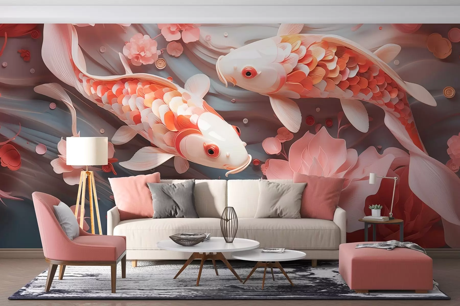 Fototapete Zarte Fische mit dimensionalen Schuppen schwimmen durch einen Fluss von Blütenblättern und zarten Rosatönen w09237