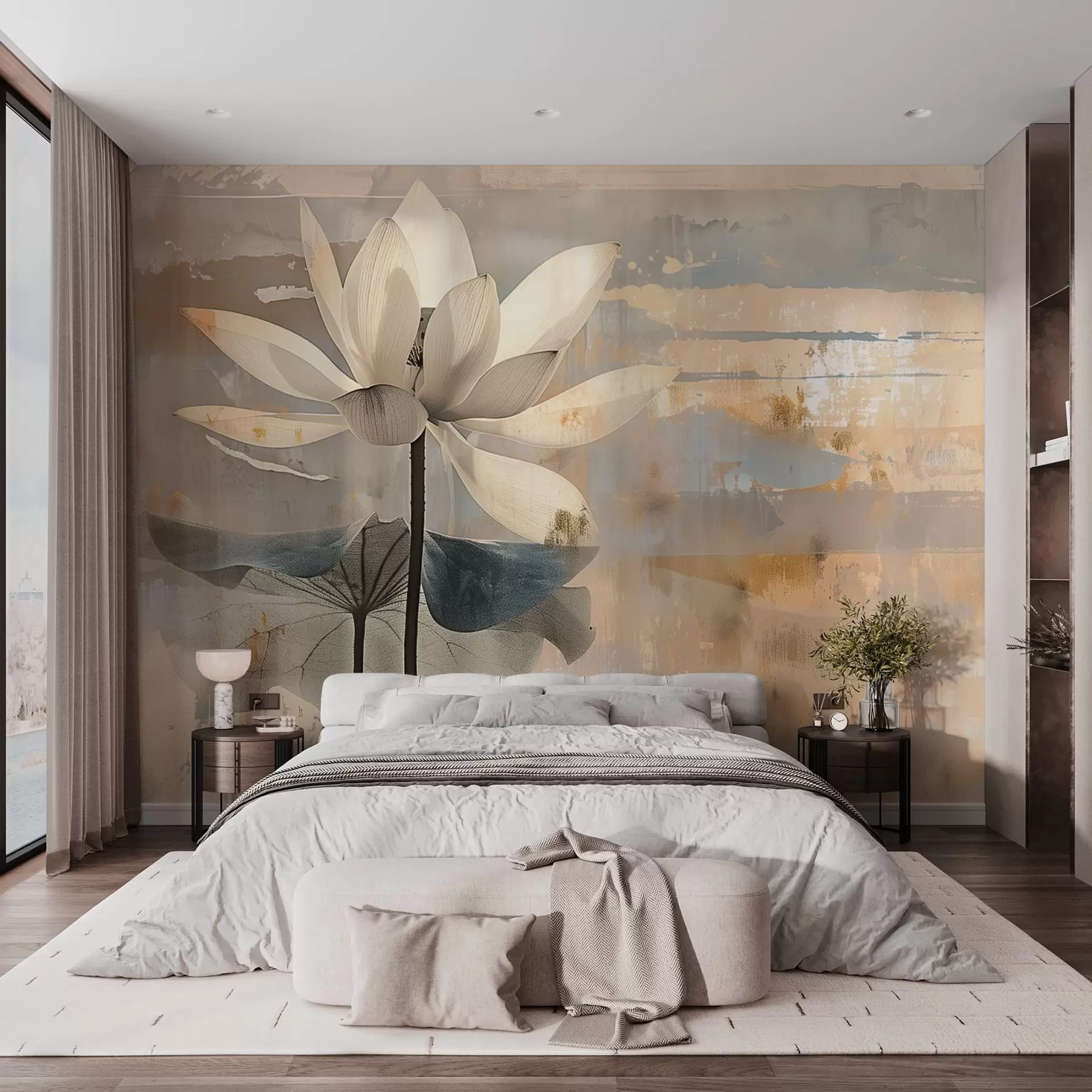 Fototapete Nachahmung eines Aquarell-Lotus vor einem abstrakten Hintergrund mit Pinselstrichen w09244