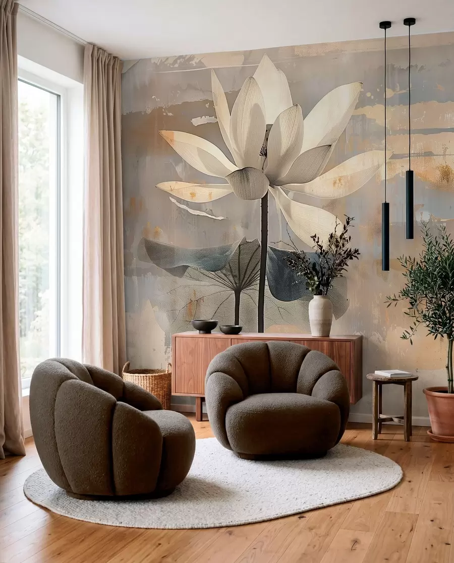 Fototapete Nachahmung eines Aquarell-Lotus vor einem abstrakten Hintergrund mit Pinselstrichen w09244