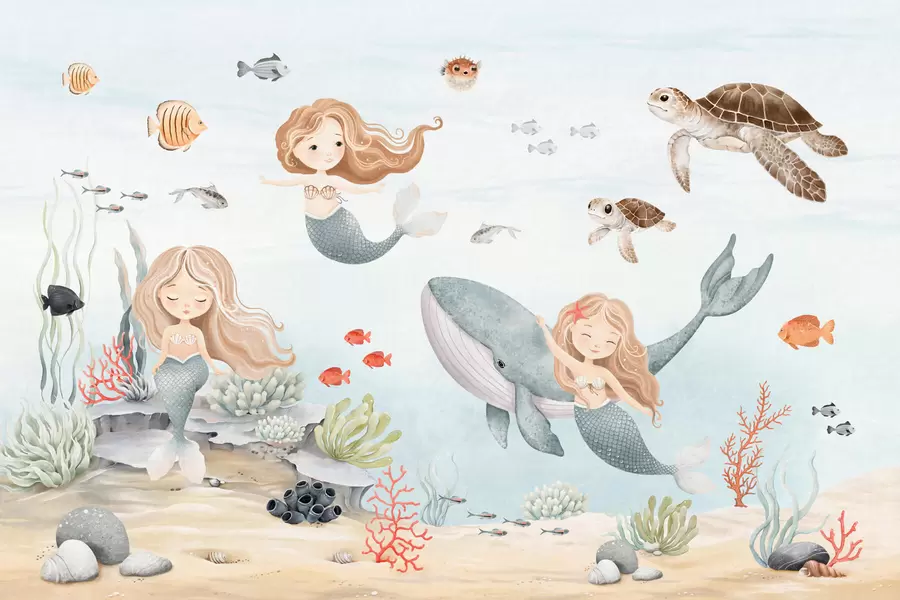 Fototapete Unterwasserwelt mit Meerjungfrauen und Fischen w04166