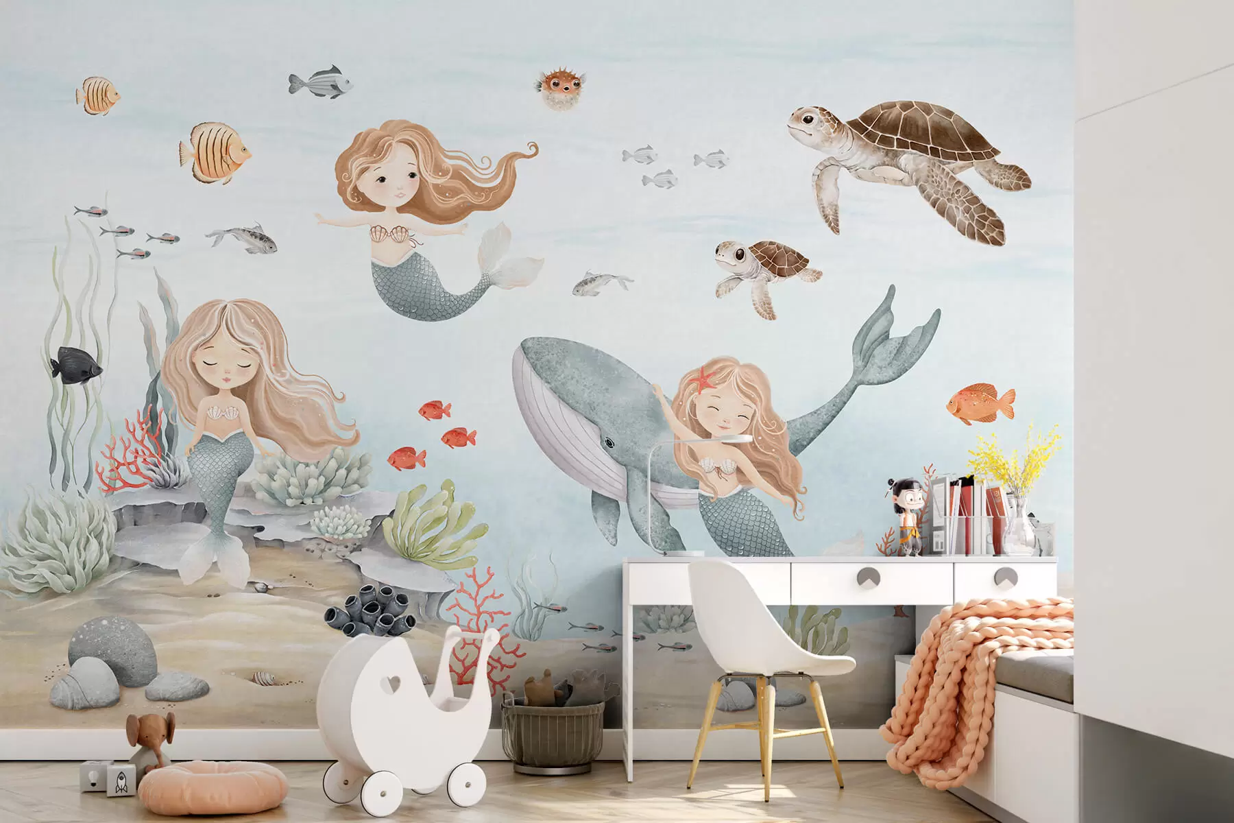 Fototapete Unterwasserwelt mit Meerjungfrauen und Fischen w04166