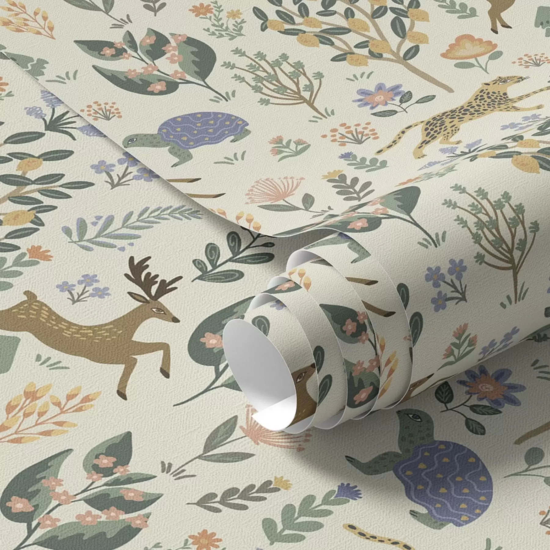 Fototapete Retro-Illustration mit Leoparden, Bäumen und Hirschen a00184