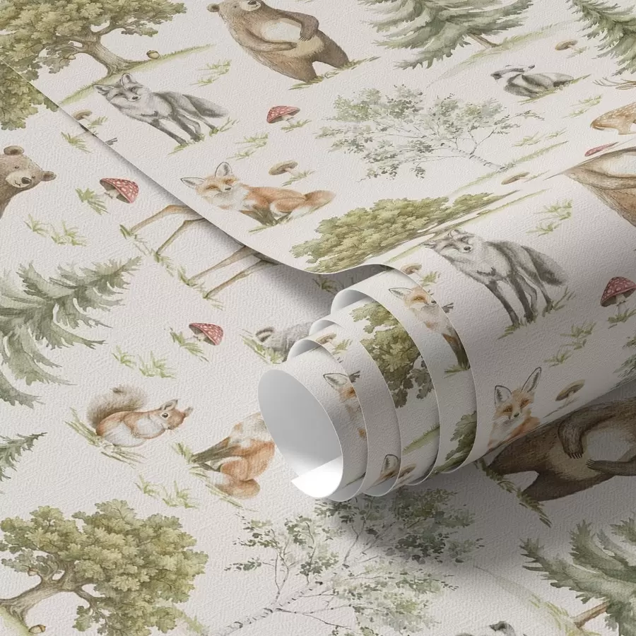 Fototapete Waldtiere im weichen Aquarellstil, Bäume und Pilze a00212