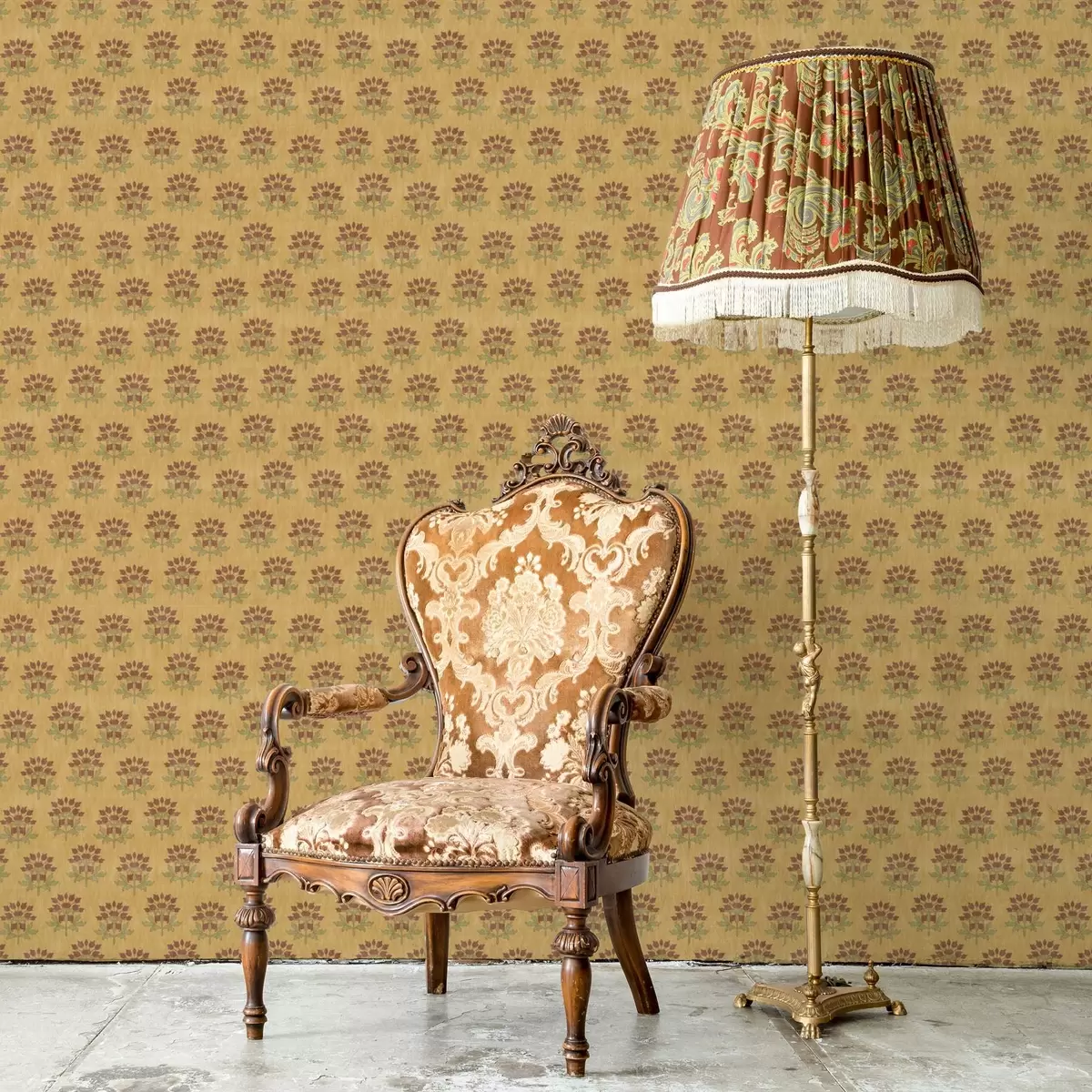 Tapete Retro-Blumenmuster mit Lotusblumen auf gelbem Hintergrund a00238