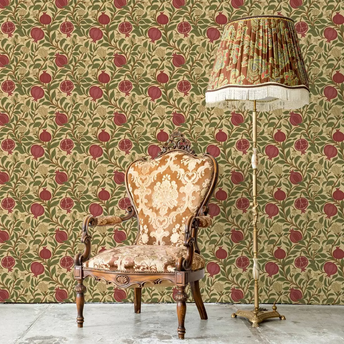 Tapete Granatäpfel und Blumen im Stil von William Morris a00240