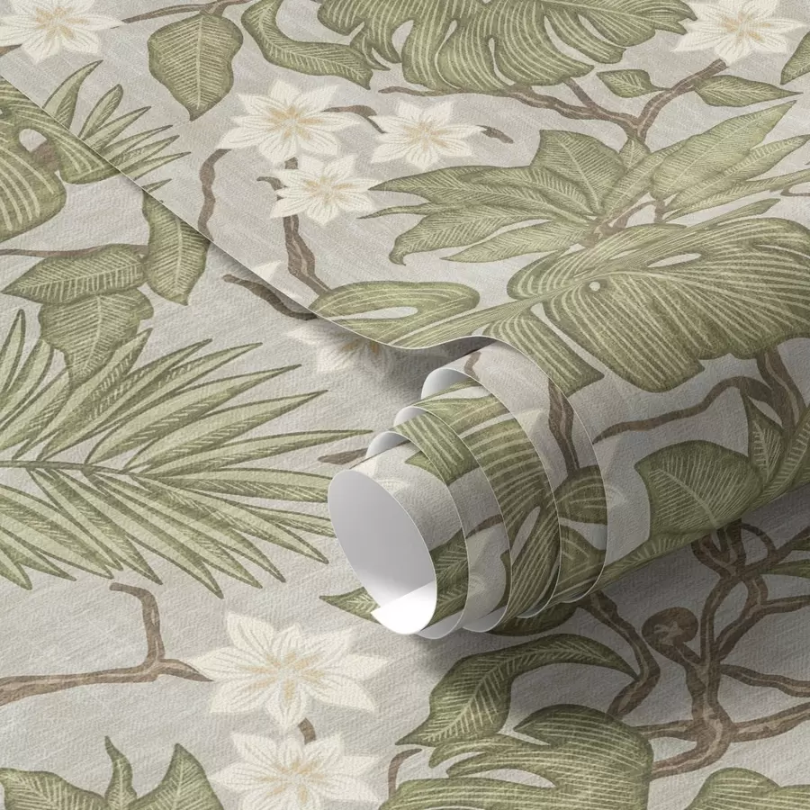 Fototapete Tropische Monstera Blätter und Blüten auf einem grauen Hintergrund a00249