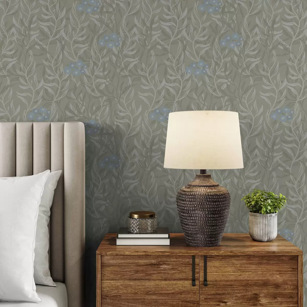 Tapete Grüner Hintergrund mit weißen Zweigen und blauen Blumen a00268v1