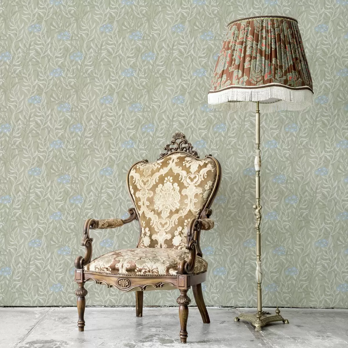 Tapete Grüner Hintergrund mit weißen Zweigen und blauen Blumen a00268v1