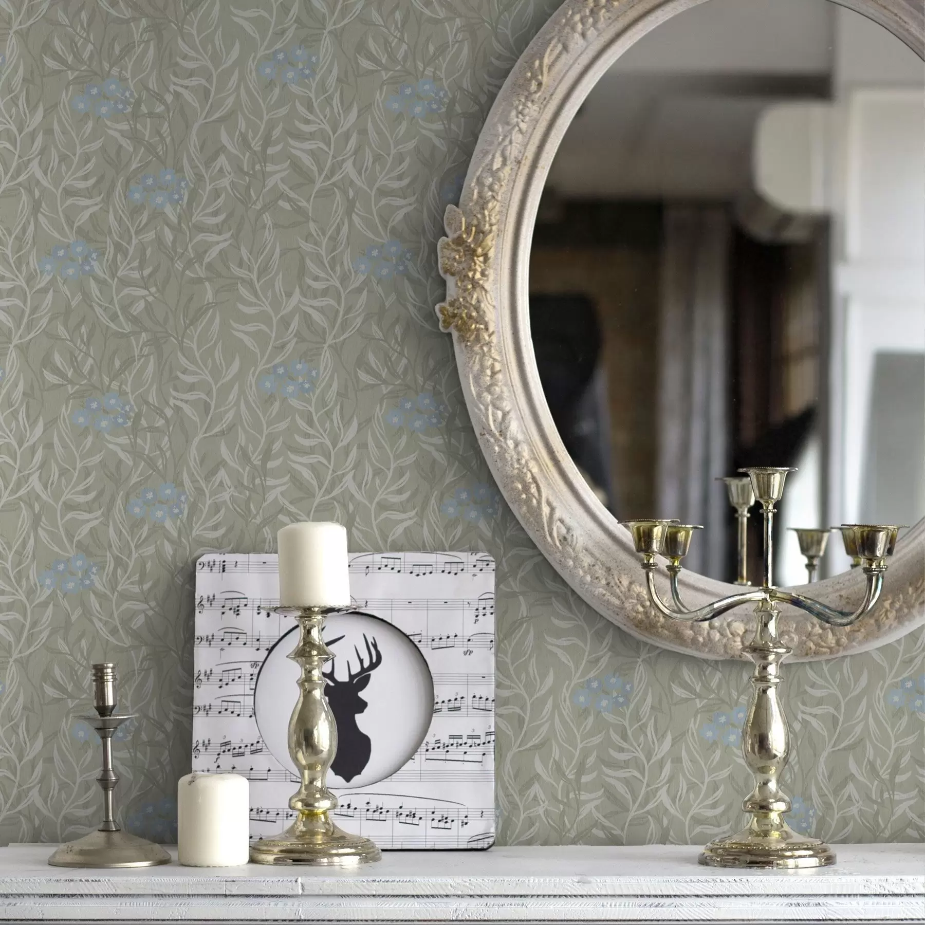 Fototapete Grüner Hintergrund mit weißen Zweigen und blauen Blumen a00268v1