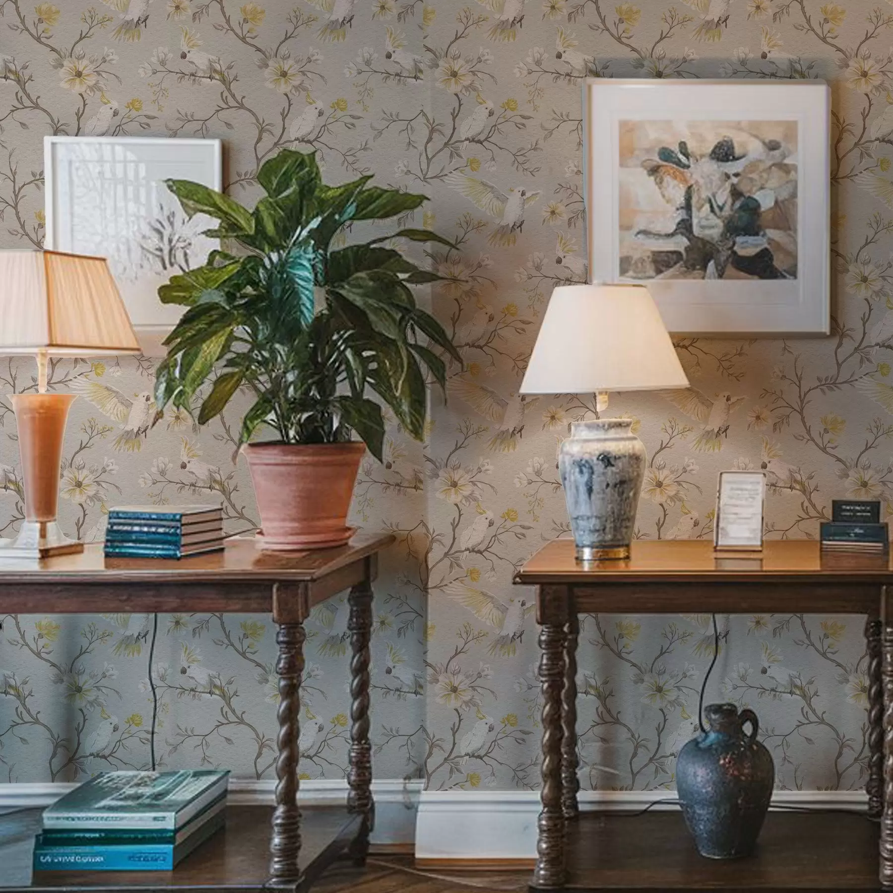 Fototapete Papageien und gelbe Blumen auf hellem Hintergrund a00270