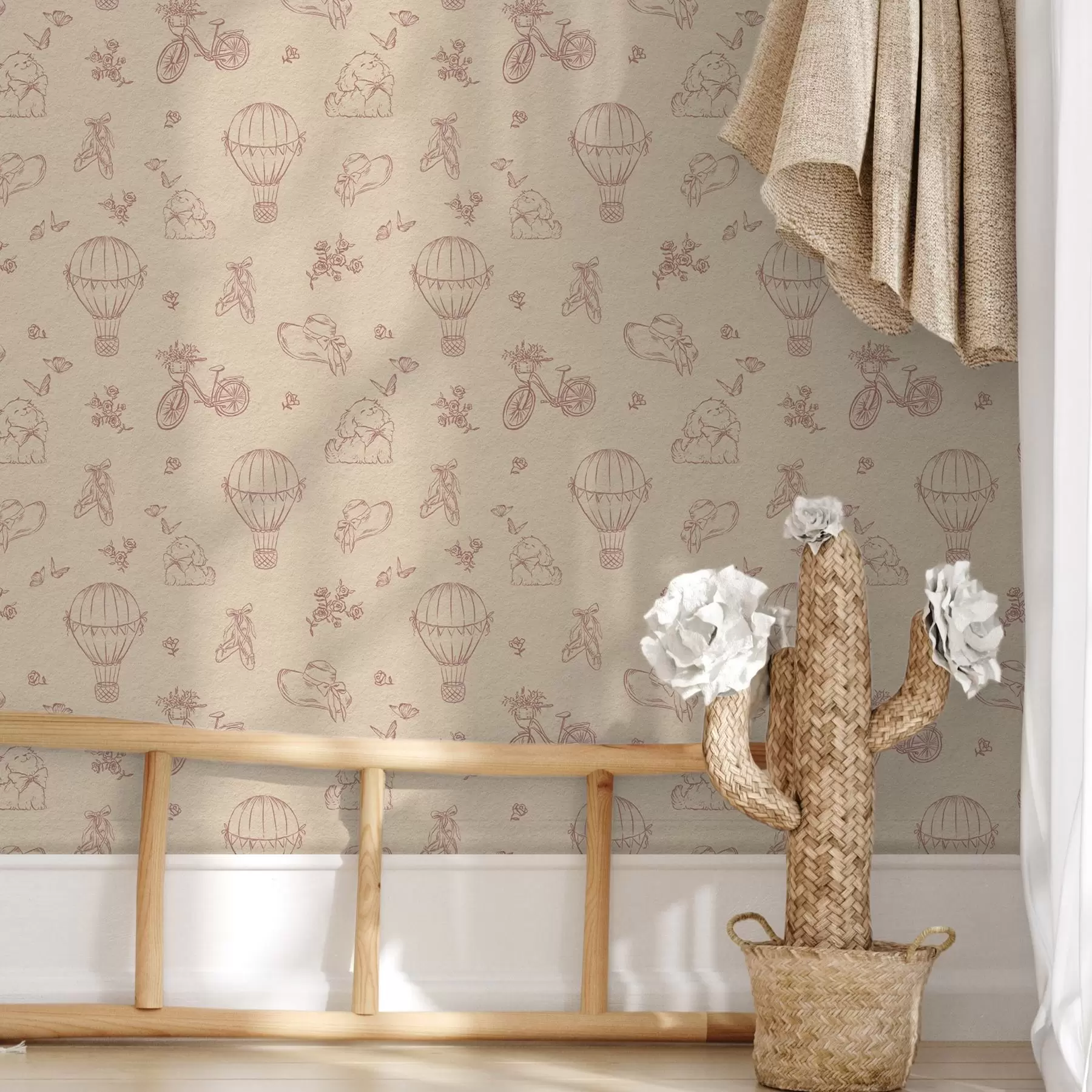 Fototapete Babyrosa Muster mit Hund, Blumen und Luft a00279