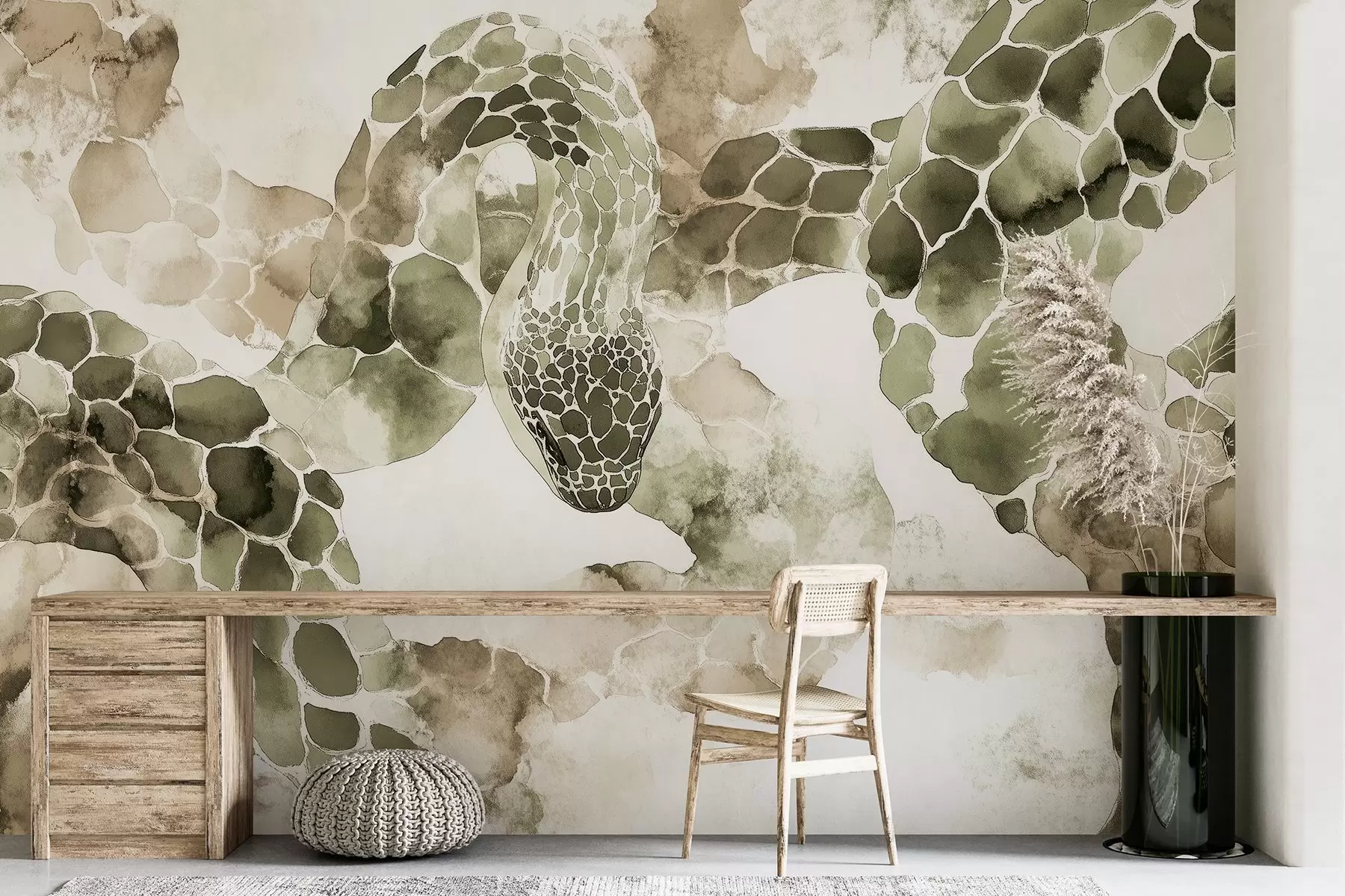 Fototapete Schlangensilhouette, Aquarellstil, Olivenfarben w04113v3