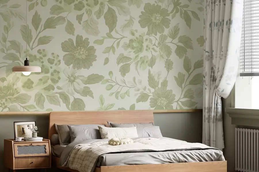 Fototapete Blumen im Boho-Stil mit Leopardenmuster, Farbe grün w04114v2