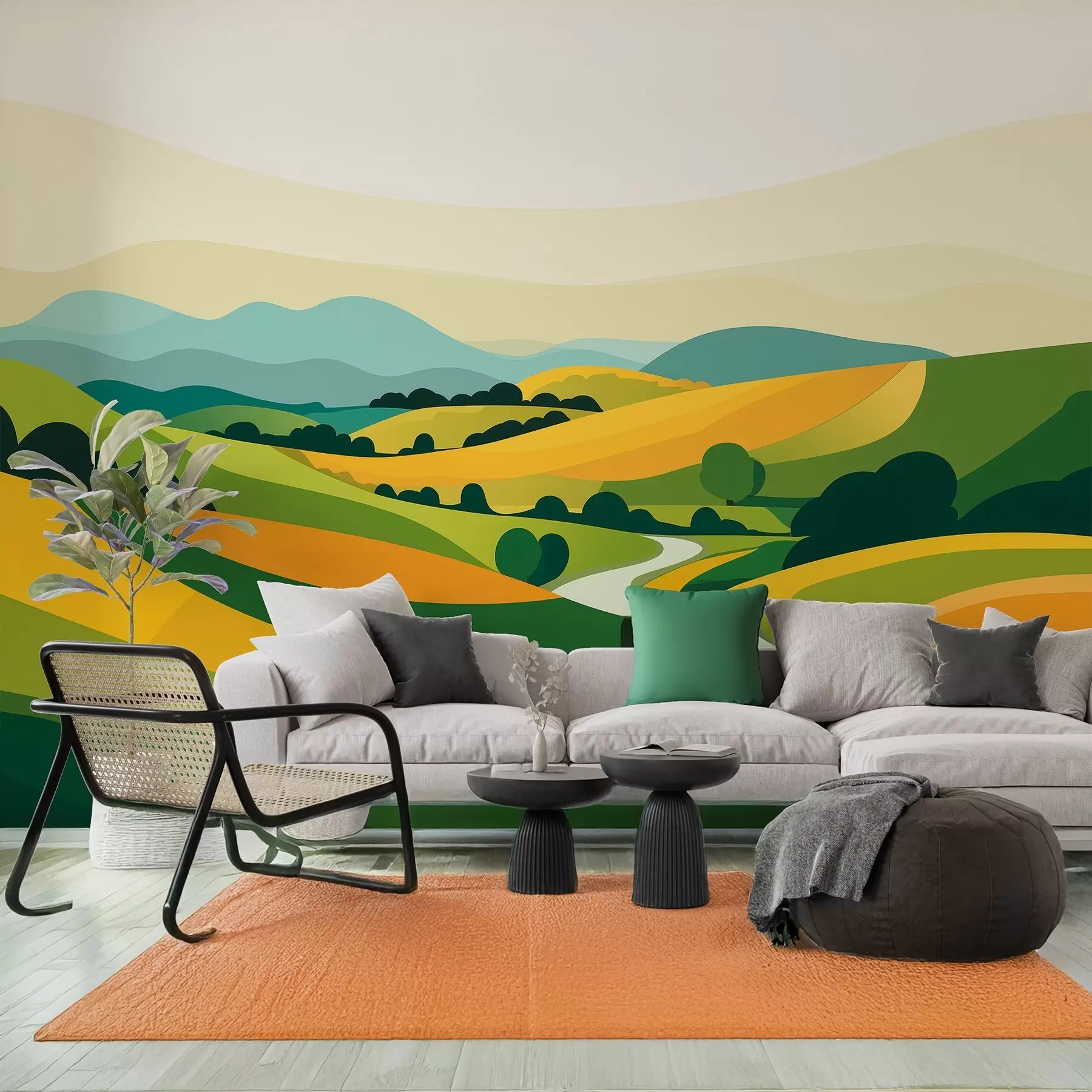 Fototapete Abstrakte Landschaft mit Hügeln und Bäumen, lebendige Farben w04116