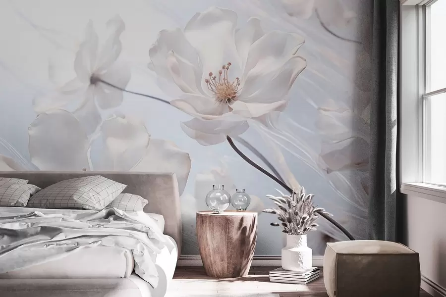 Fototapete Weiße strukturierte transparente Blumen mit zarten Blütenblättern, weicher hellblauer Hintergrund, elegant, romantisch, verträumt w09233