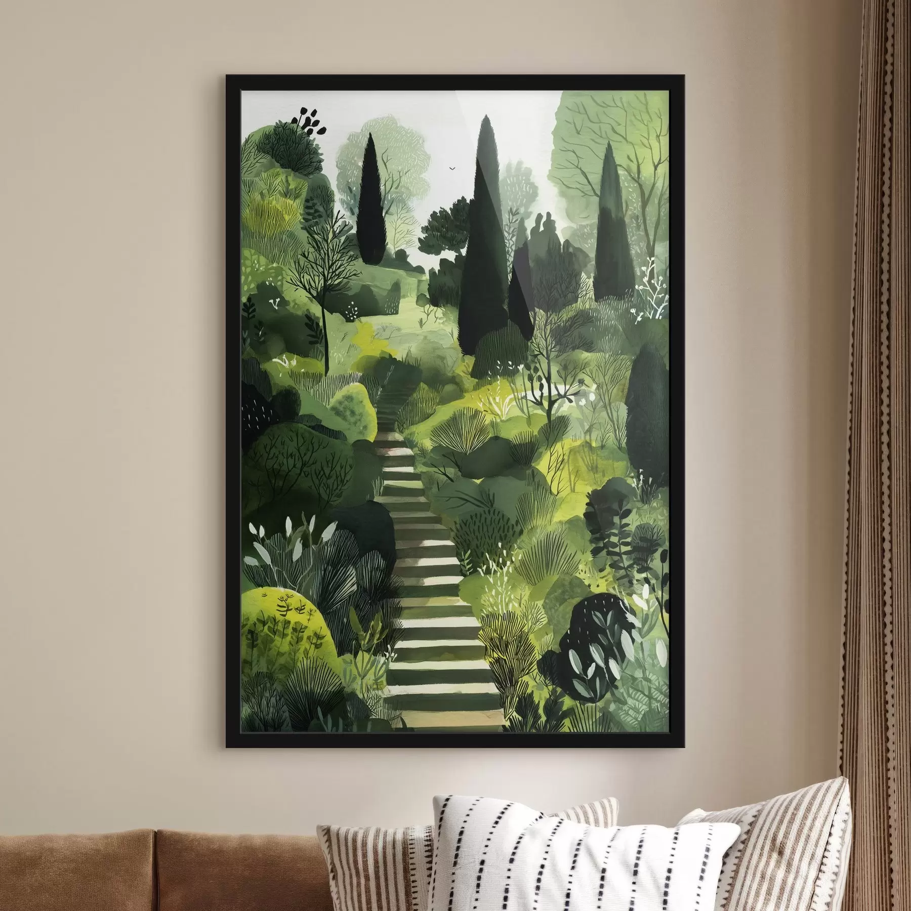 Fototapete Grüne Hügel mit Bäumen und Sträuchern, Betontreppen, üppige Farben f44980