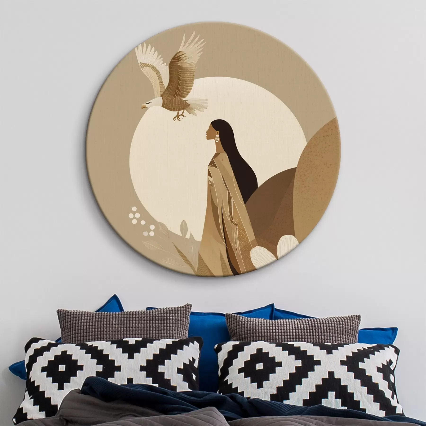 Fototapete Abstraktion mit Frau und Adler in den Himmel, beige Farben r44978