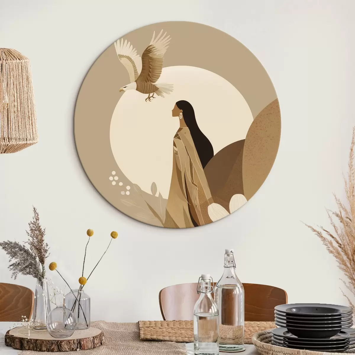 Runde Wandbilder Abstraktion mit Frau und Adler in den Himmel, beige Farben r44978
