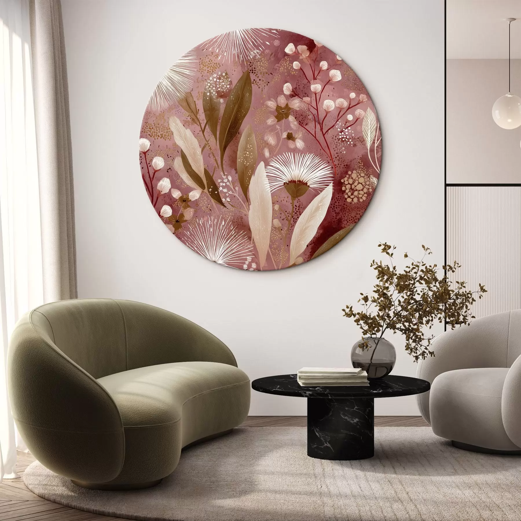 Fototapete Boho-Stil weiße Blumen auf dem roten Hintergrund, detaillierte Zeichnung r44979