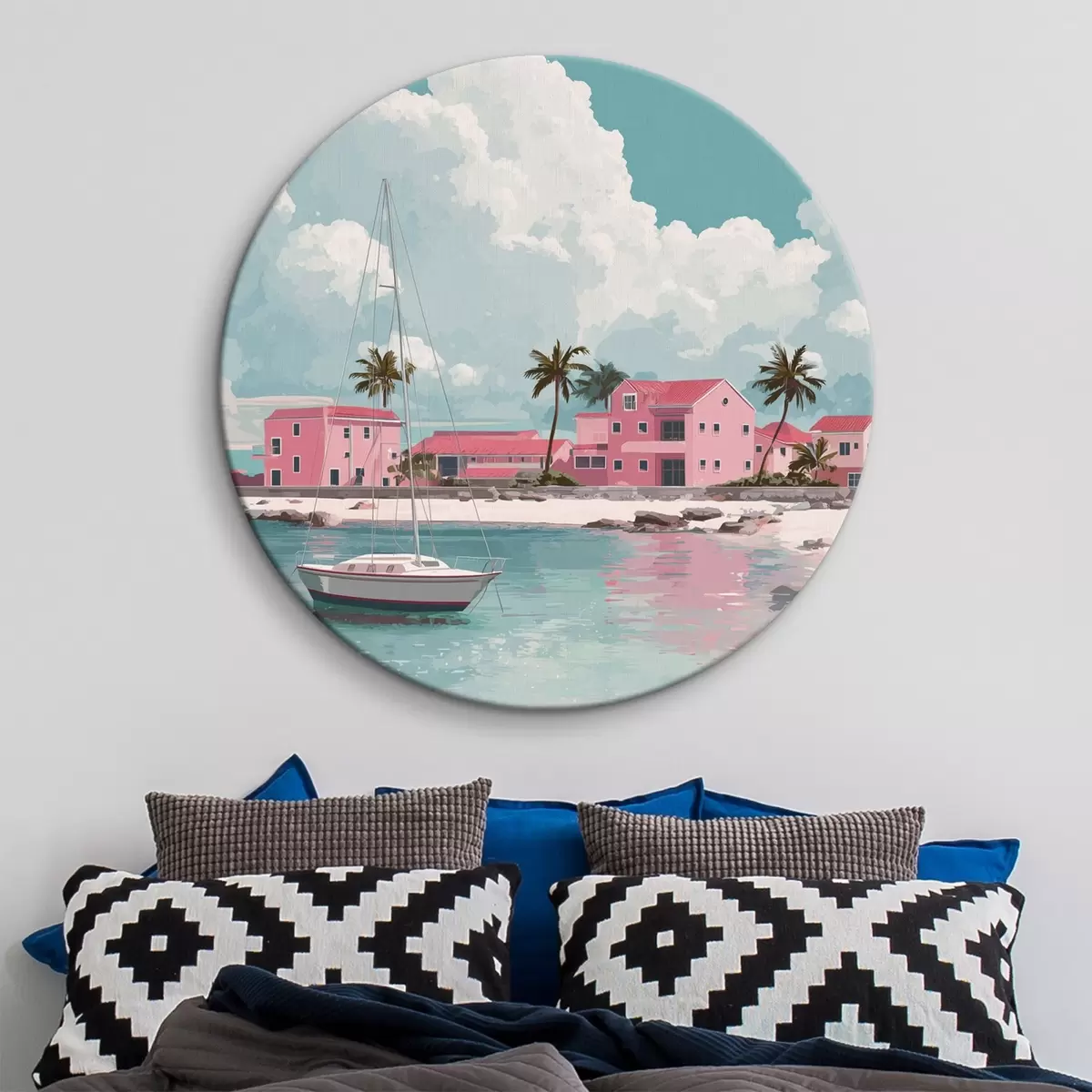 Runde Wandbilder Rosa Strand mit strahlendem Sonnenschein, Segelboot und Häusern r44986