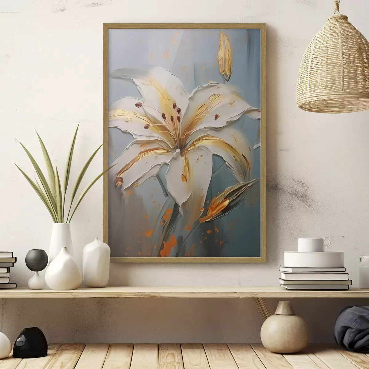 Poster Weiße Lilie mit gelben Strichen auf blauem Hintergrund f45077