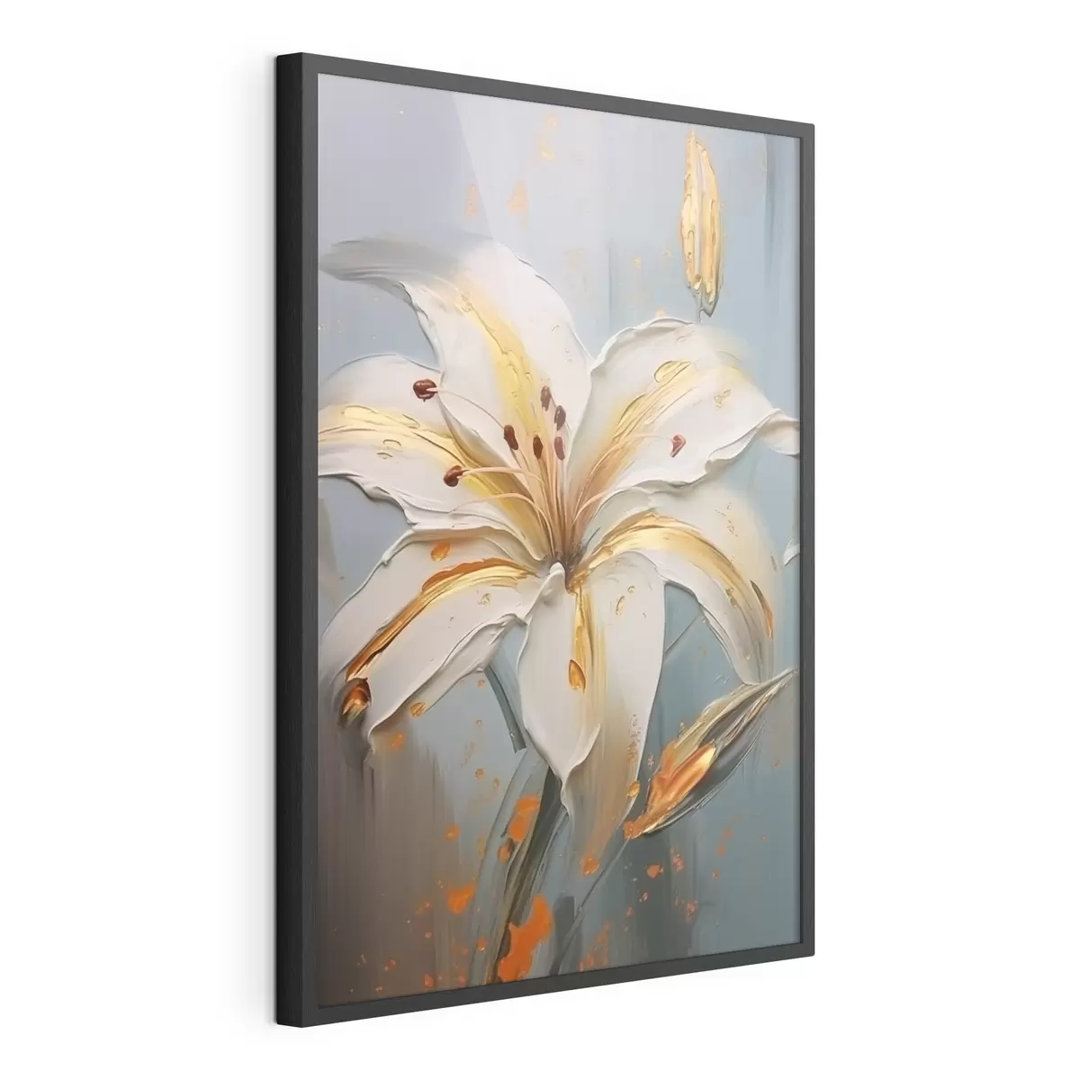 Poster Weiße Lilie mit gelben Strichen auf blauem Hintergrund f45077
