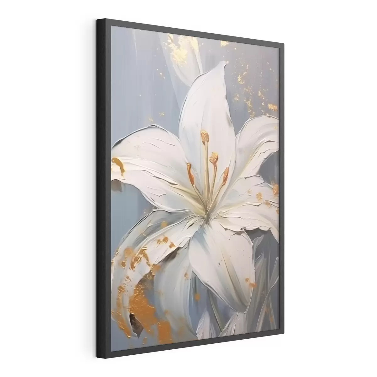 Poster Weiße Lilie mit gelben Akzenten auf blauem Hintergrund f45078