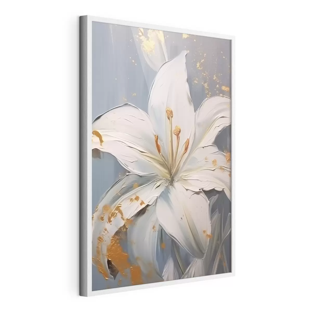 Poster Weiße Lilie mit gelben Akzenten auf blauem Hintergrund f45078