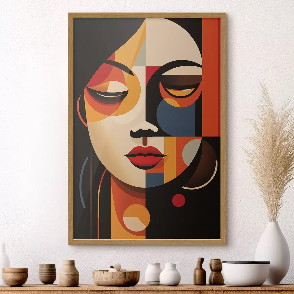 Poster Geometrisches weibliches Gesicht in warmen Farben f45087