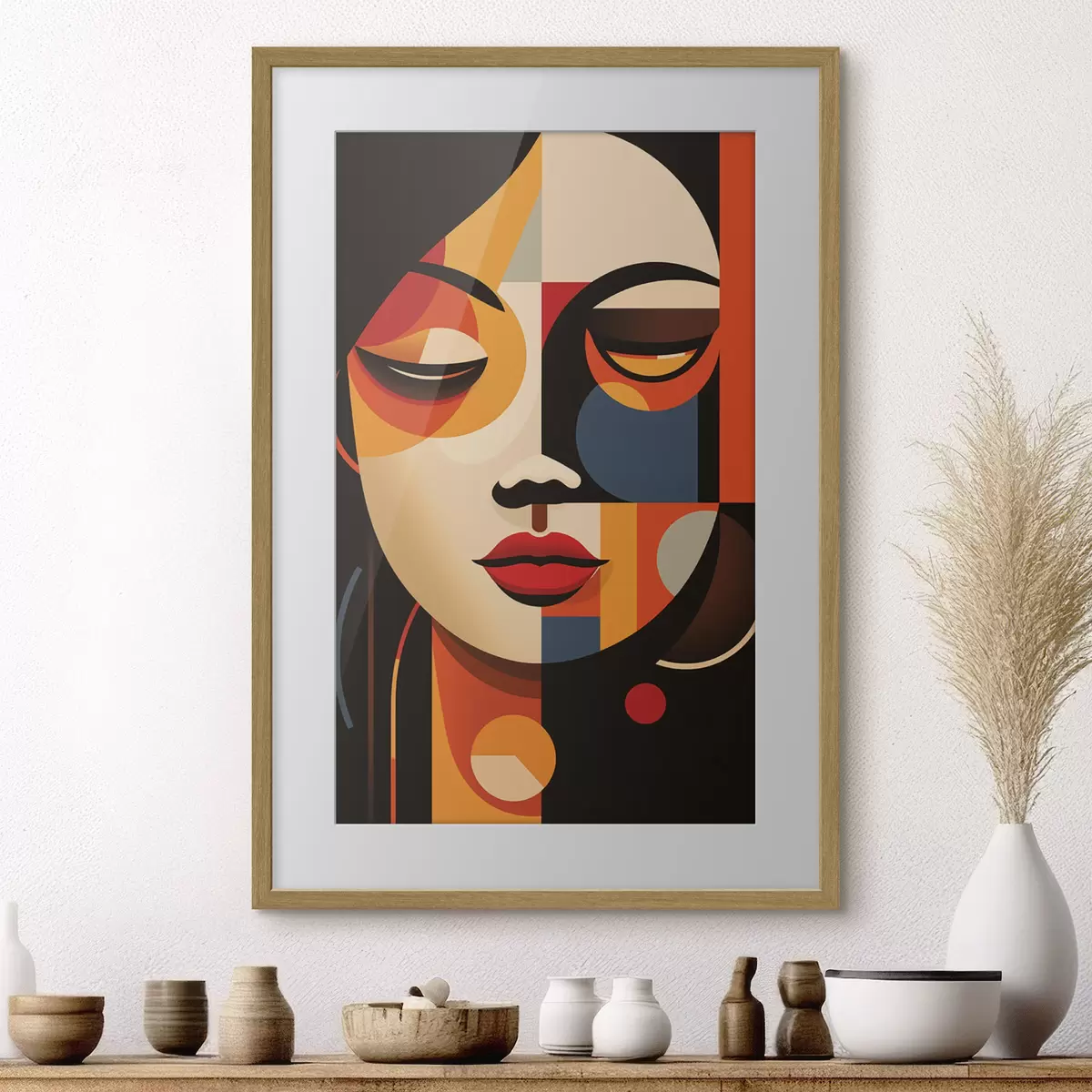 Poster Geometrisches weibliches Gesicht in warmen Farben f45087
