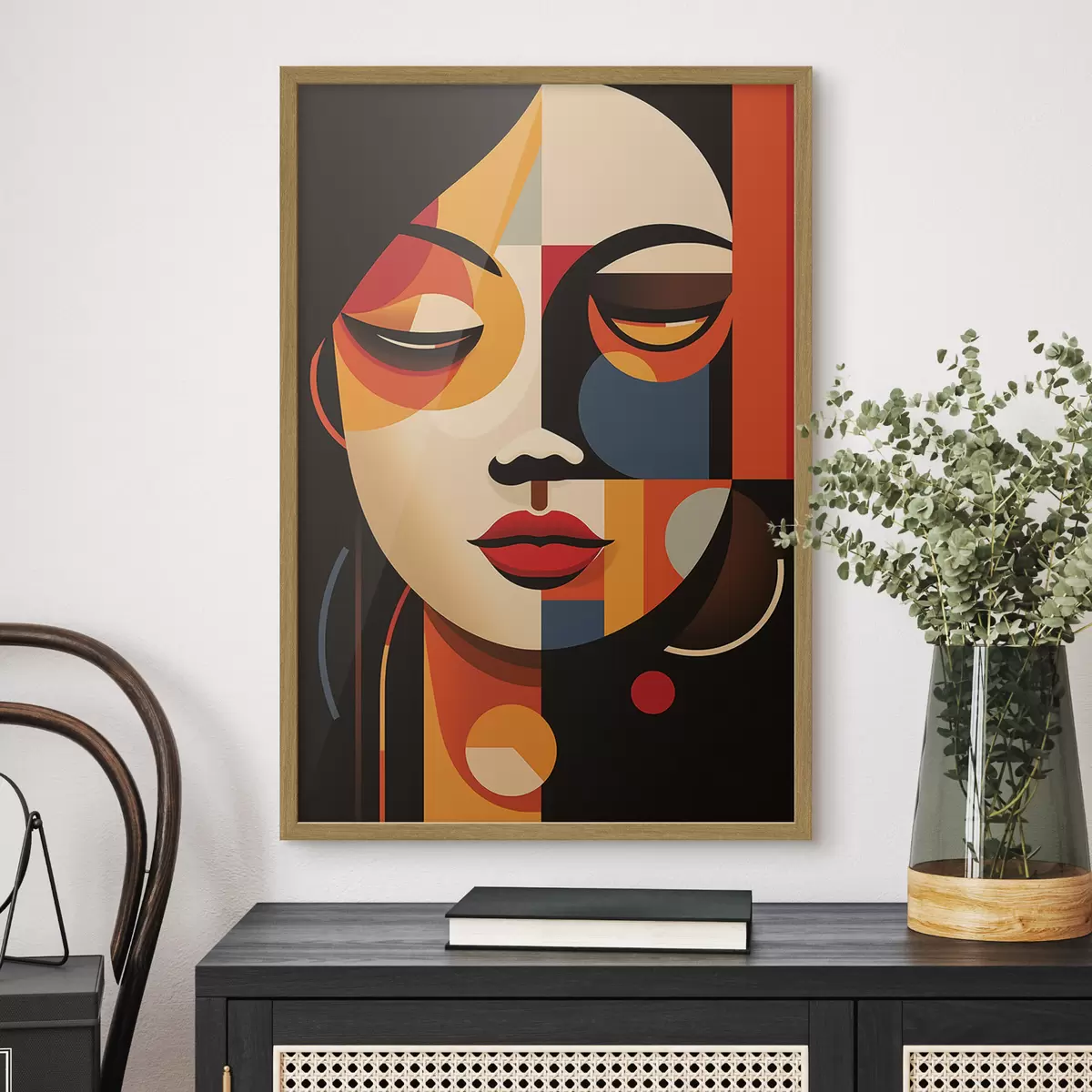 Poster Geometrisches weibliches Gesicht in warmen Farben f45087