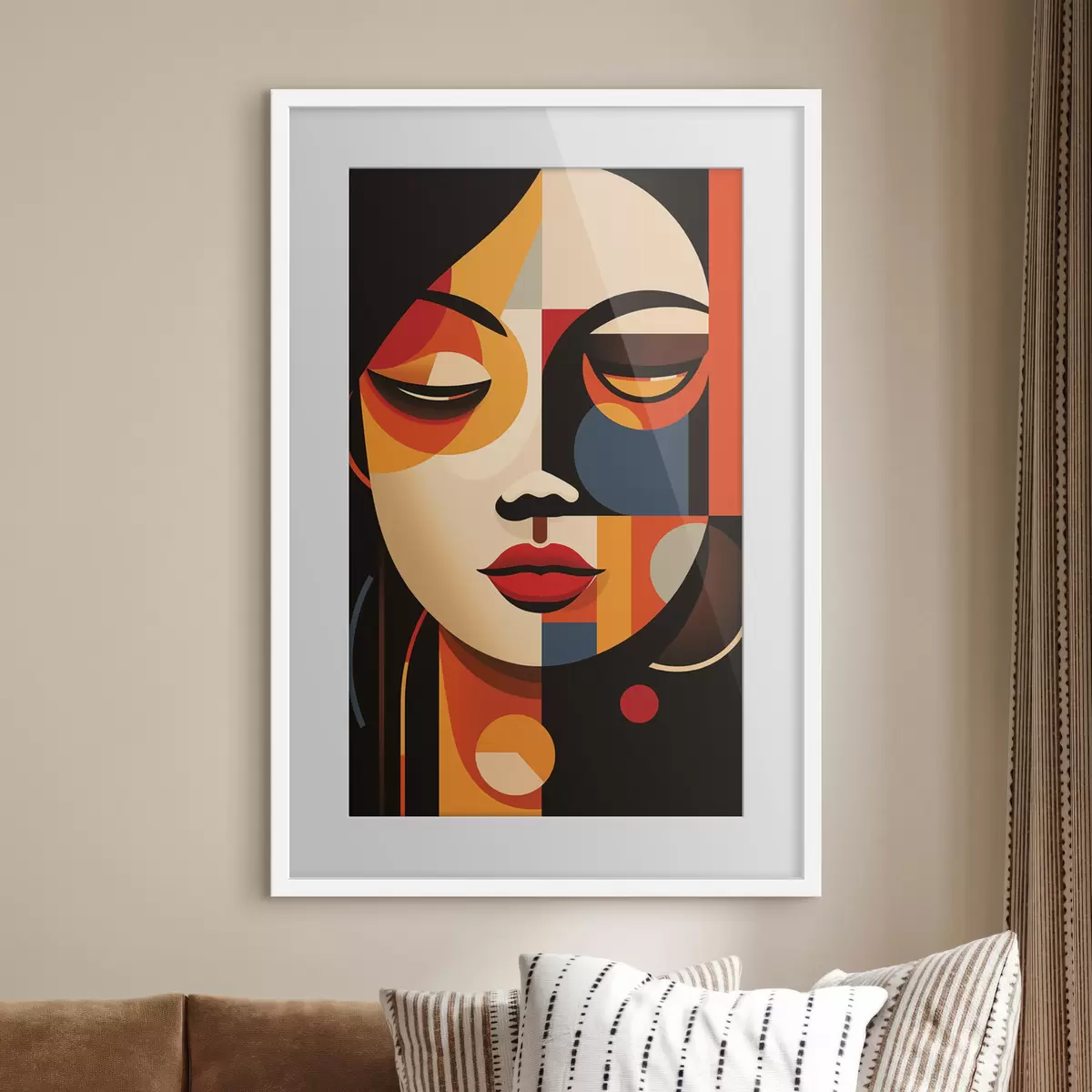 Poster Geometrisches weibliches Gesicht in warmen Farben f45087