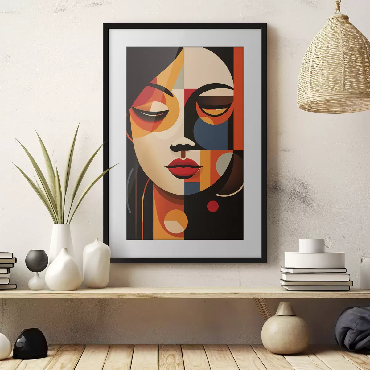 Poster Geometrisches weibliches Gesicht in warmen Farben f45087
