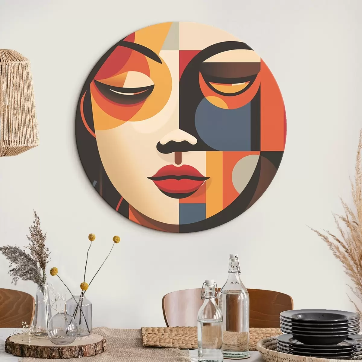 Runde Wandbilder Geometrisches weibliches Gesicht in warmen Farben r45087