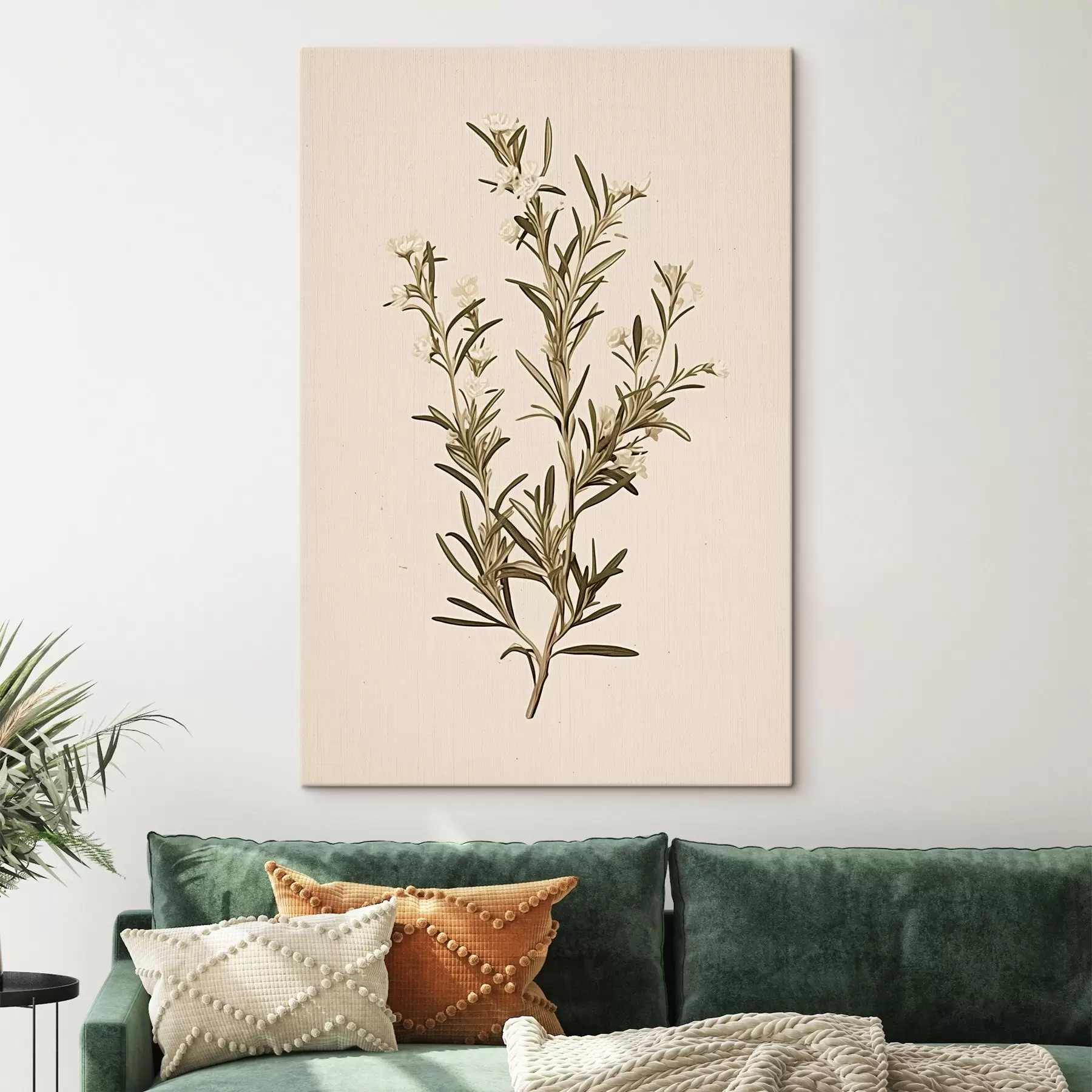 Fototapete botanisch, Zweig, beige Hintergrund, Kraut, minimal, Pflanze, grüne Blätter, Stamm s45098