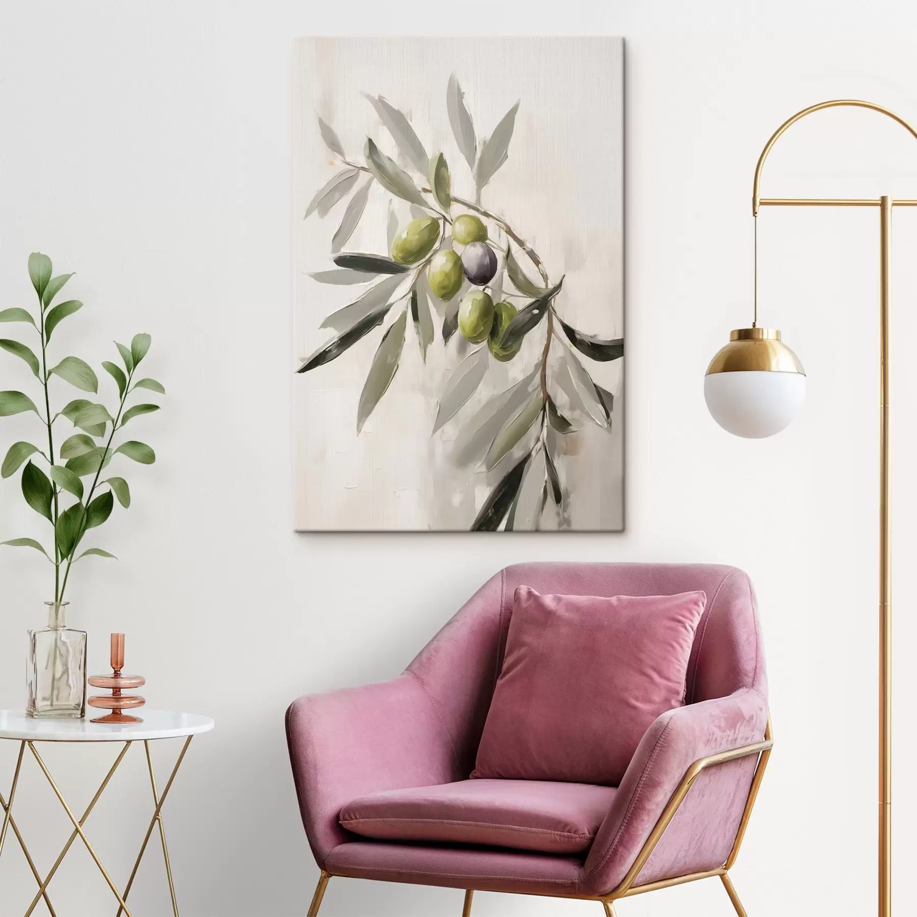 Fototapete grüne Oliven, Zweigdetail, leichter Hintergrund, organisch, natürliche Palette, rustikal s45110