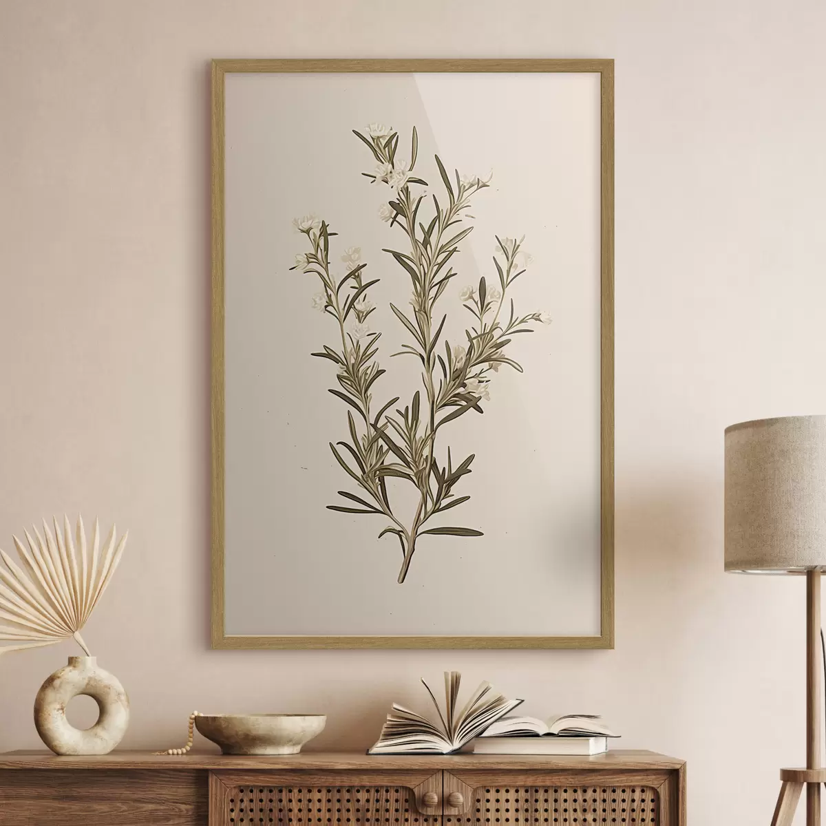 Poster botanisch, Zweig, beige Hintergrund, Kraut, minimal, Pflanze, grüne Blätter, Stamm f45098