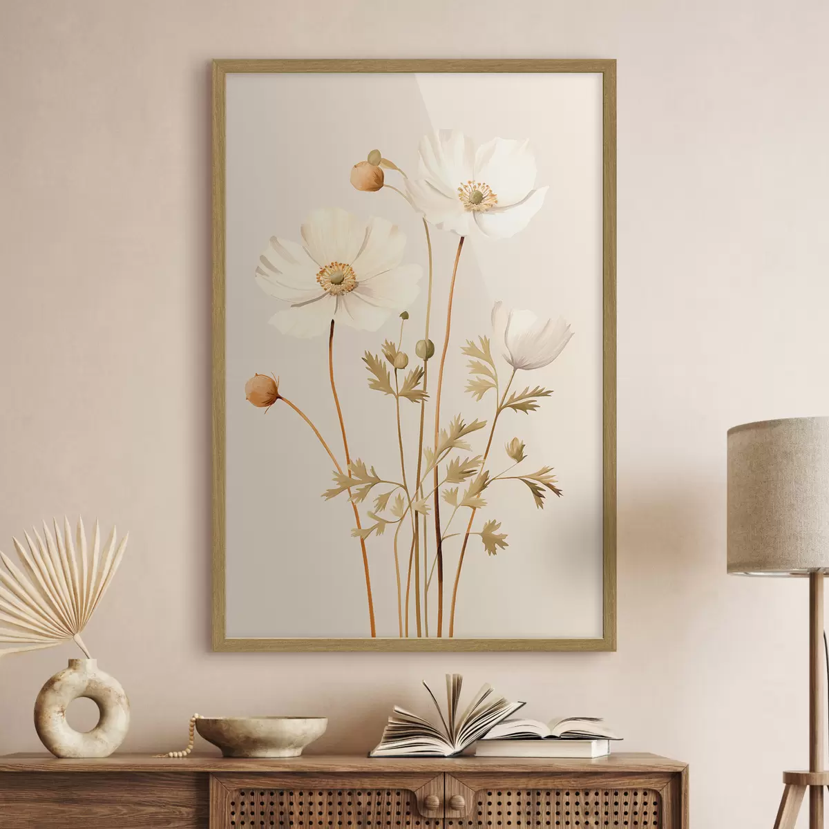 Poster blume, botanisch, beige Hintergrund, sanfte Töne, Blütenblätter, Pflanze, Jahrgang, minimal f45099