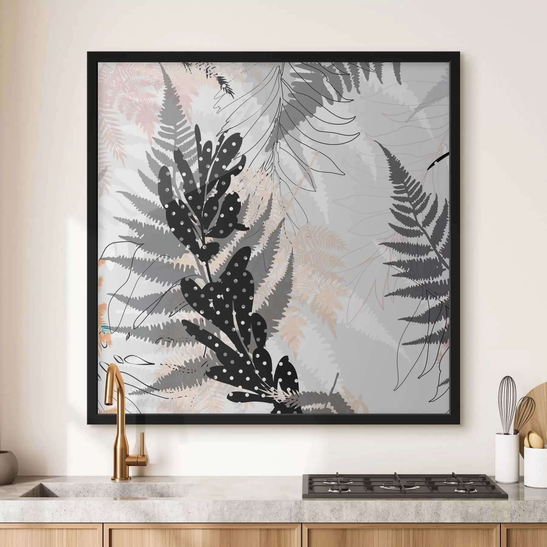 Fototapete naturdruck, dekoratives Blattwerk, Dschungel-Mix, Farnformen, neutrale Farbpalette, Blattkunst f45104