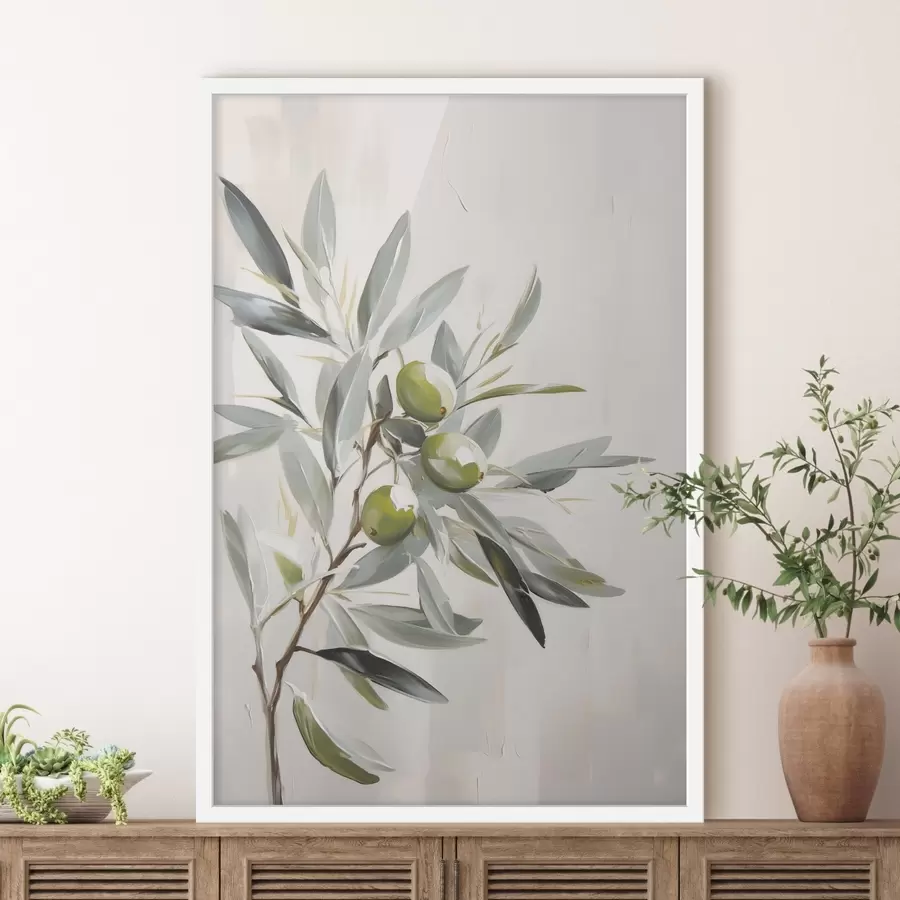 Fototapete olivenzweig, grüne Früchte, gedämpfte Töne, Blätter, minimal, natürlich, Ölgemälde, botanisch f45109
