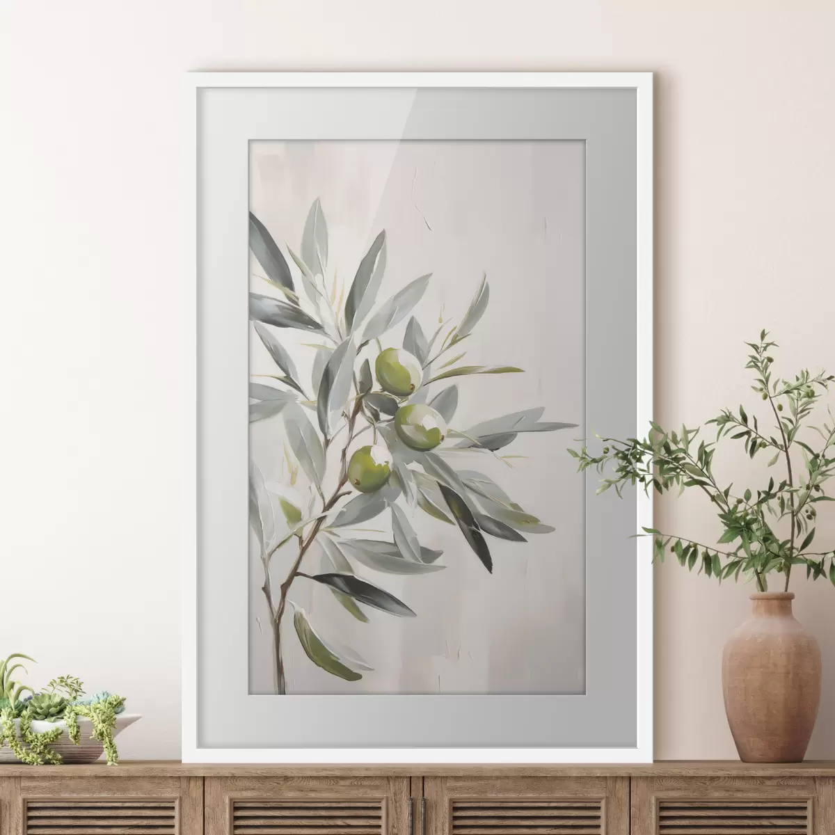Poster olivenzweig, grüne Früchte, gedämpfte Töne, Blätter, minimal, natürlich, Ölgemälde, botanisch f45109