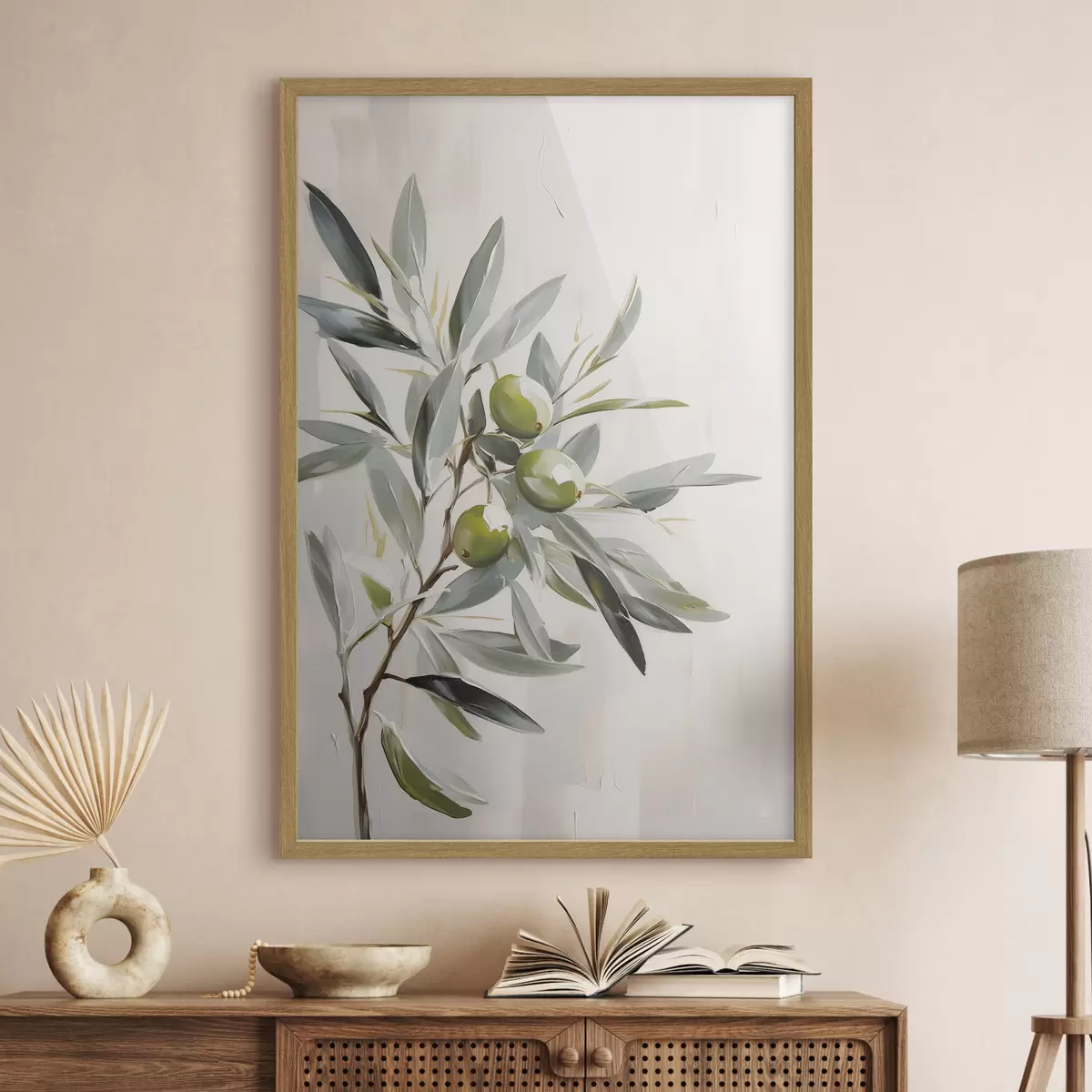 Poster olivenzweig, grüne Früchte, gedämpfte Töne, Blätter, minimal, natürlich, Ölgemälde, botanisch f45109