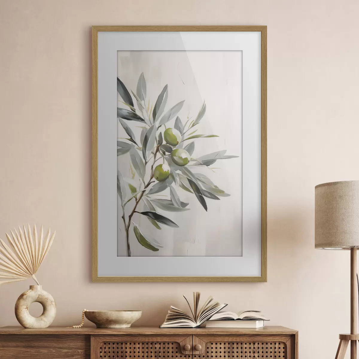 Poster olivenzweig, grüne Früchte, gedämpfte Töne, Blätter, minimal, natürlich, Ölgemälde, botanisch f45109